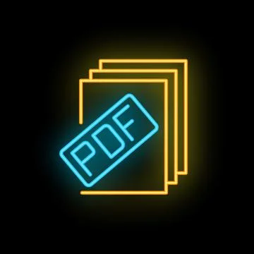 Neon icon of pdf file format over documents on black background Ilustração Stock