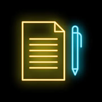 Neon icon of a pen writing on a document Illustrazione stock