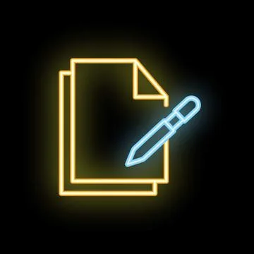 Neon icon of pen writing on documents representing content creation Stock Illustration