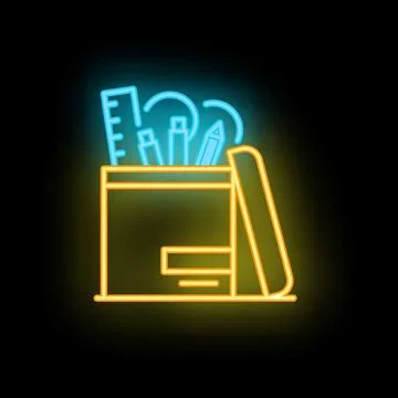 Neon icon of pencil case full of stationery for school Stock Illustration