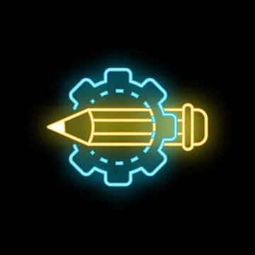 Neon icon of pencil going through gear representing creative process Illustrazione stock