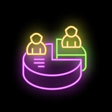 Neon icon of people distribution on pie chart showing market share Stock Illustration