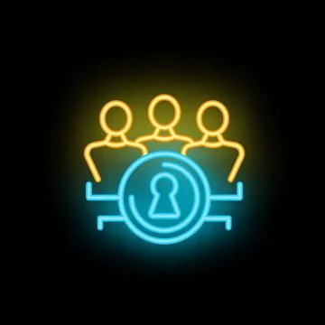 Neon icon of people network sharing data with keyhole symbolising security Stock Illustration