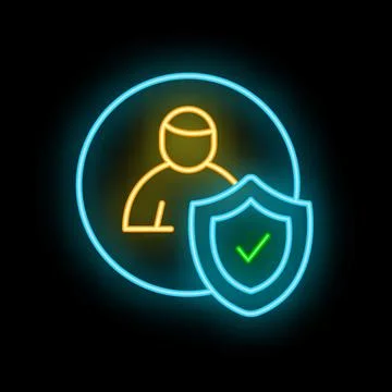 Neon icon of person with security shield and check mark Stockillustratie