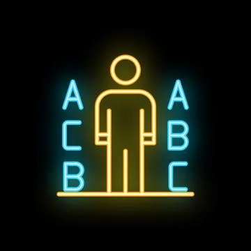 Neon icon of person standing between columns of letters representing testin.. Stock Illustration