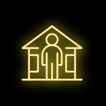 Neon icon of person standing inside house symbolising stay at home order Illustrazione stock