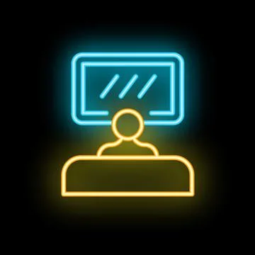 Neon icon of a person working on computer with glowing screen 스톡 일러스트