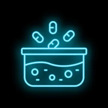 Neon icon of pills dissolving in beaker with liquid for scientific experiment Stock Illustration