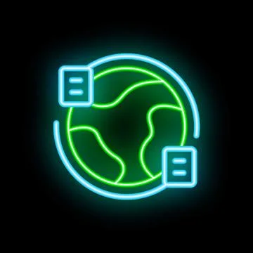 Neon icon of planet earth surrounded by data blocks representing global netwo Stock Illustration
