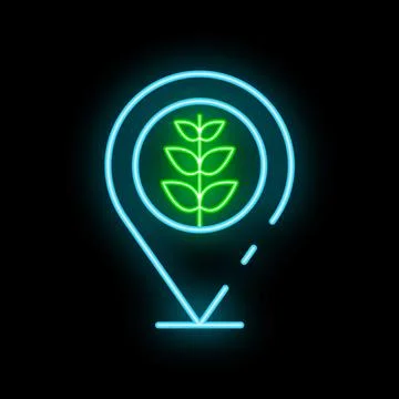 Neon icon of plant growing inside gps pointer showing bio agriculture locatio Stock Illustration