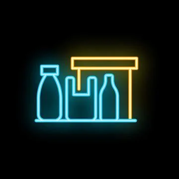 Neon icon of plastic bottles and bag on a shelf with a sign above them, rep.. Stock Illustration