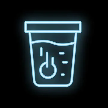 Neon icon of a plastic container holding hot water with thermometer Stock Illustration