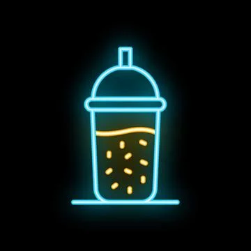 Neon icon of a plastic cup of tea with boba and a straw glowing on a black .. Stock Illustration