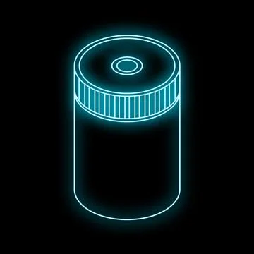 Neon icon of plastic jar with screw cap glowing on black background Stock Illustration