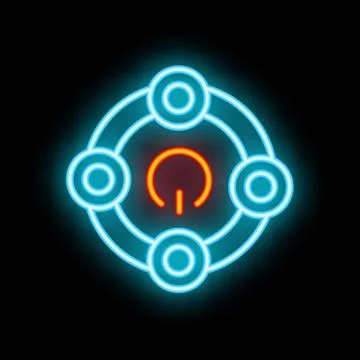 Neon icon of power button surrounded by circles on black background Stock Illustration