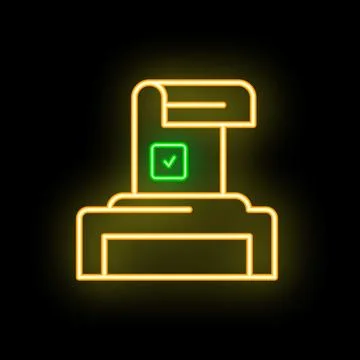 Neon icon of printer printing document with check mark on black background Illustrazione stock
