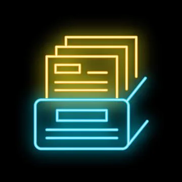 Neon icon of a printer printing documents on black background Stock Illustration