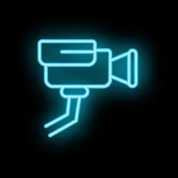 Neon icon of a professional video camera recording on black background Illustrazione stock