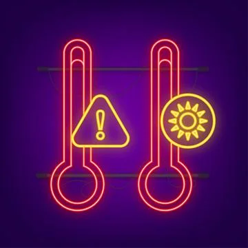 Neon icon with red high temperature. Flat blue icon. Fire, flame. Stock Illustration