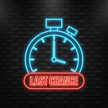 Neon Icon. Red vector banner with last chance sign and timer icon. Stock Illustration