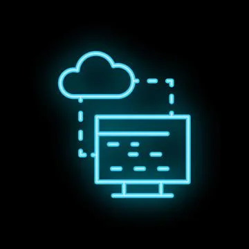 Neon icon representing cloud computing with desktop computer and data transfe 스톡 일러스트