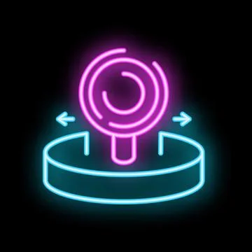 Neon icon representing data analysis, featuring a magnifying glass over a pla 스톡 일러스트