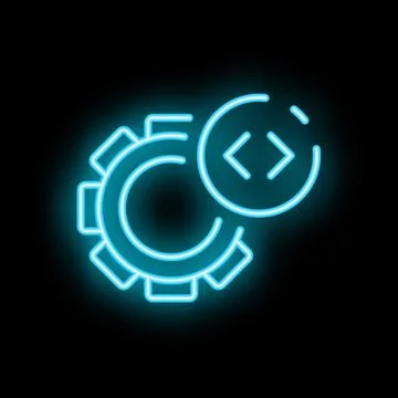 Neon icon representing development process with gear and code brackets Illustrazione stock
