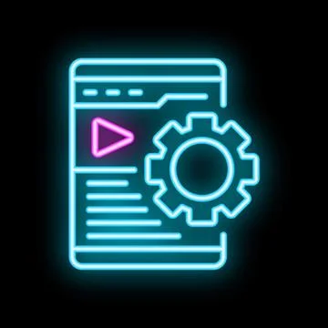 Neon icon representing mobile app development process with gear and play butt Stock Illustration