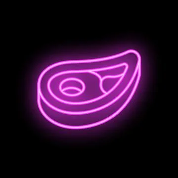 Neon icon representing a slice of meat with a bone in purple on black backg.. Stock Illustration