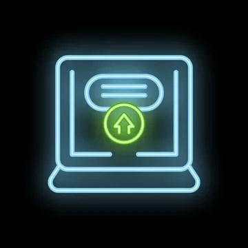 Neon icon representing uploading data to cloud storage on laptop Illustrazione stock