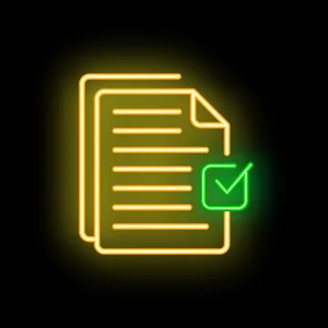 Neon icon representing validating documents with check mark Illustrazione stock