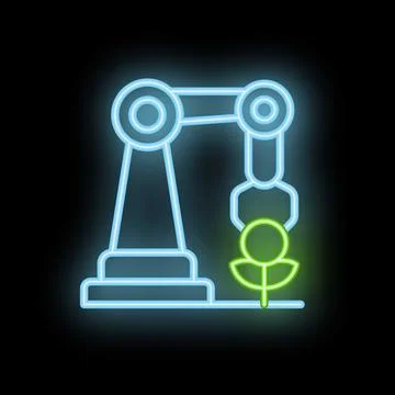 Neon icon of robotic arm holding flower symbolizing ecology Stock Illustration