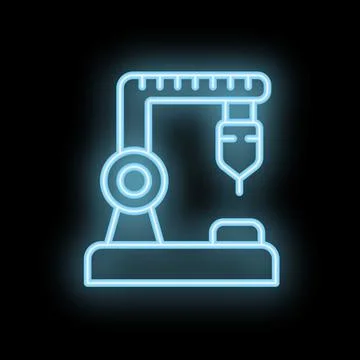 Neon icon of robotic arm moving object with precision on dark background Stock Illustration