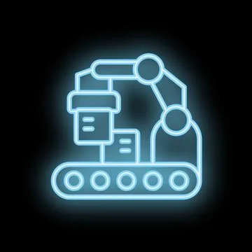 Neon icon of robotic arm moving boxes on conveyor belt Stock Illustration