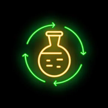 Neon icon of round arrows rotating around chemical flask representing circu.. Illustration