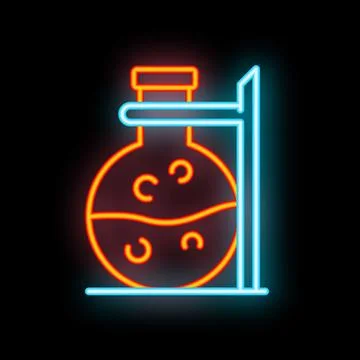 Neon icon of round bottom flask holding chemical liquid on stand Stock Illustration