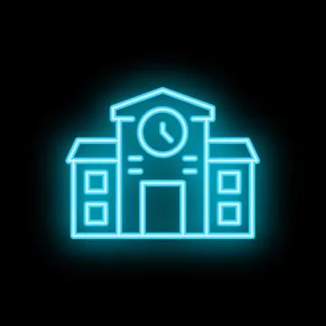 Neon icon of a school building with a clock tower displaying time Ilustración de archivo