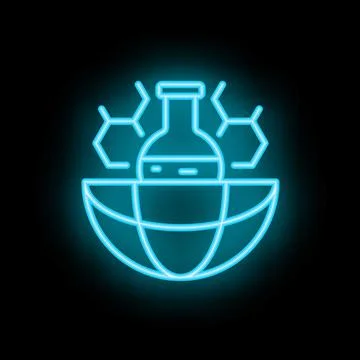 Neon icon of science experiment beaker on earth with molecular structures イラスト素材