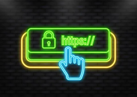 Neon Icon. Secure of link green 3D button on white background. Vector Stock Illustration