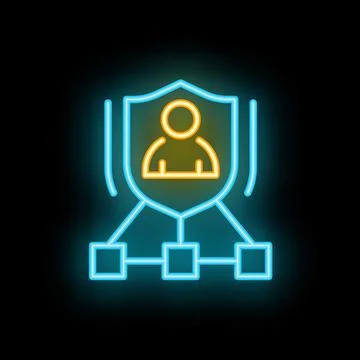 Neon icon of secure network protecting user data with shield Stock Illustration