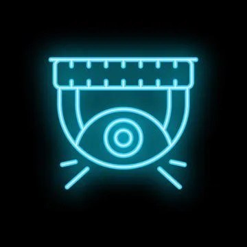 Neon icon of security camera emitting light in dark background Stock Illustration