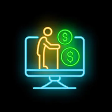 Neon icon of senior citizen using computer for pension and retirement savings 스톡 일러스트