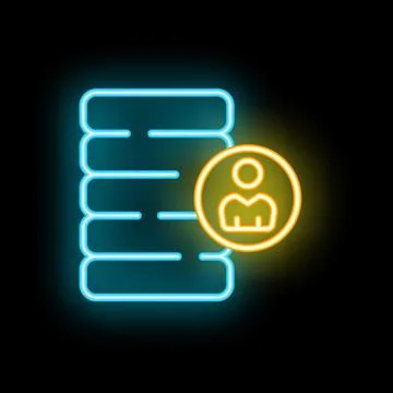 Neon icon of server room showing user profile accessing data Stock Illustration