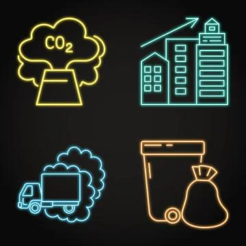 Neon icon set - causes of climate change Stock Illustration