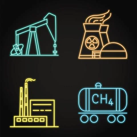 Neon icon set - causes of climate change Stock Illustration