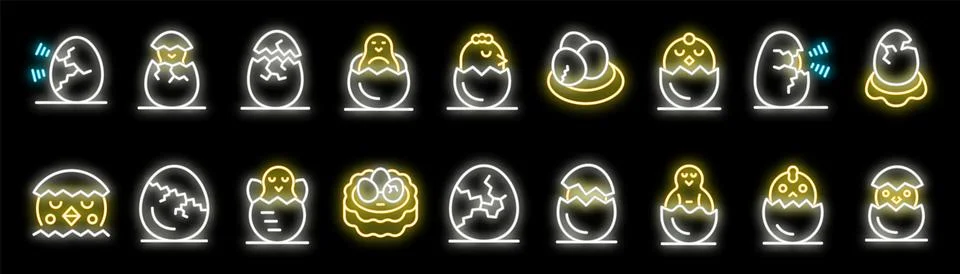 Neon icon set of hatching chicks, eggshell, and newborn chicken in various .. Stock Illustration