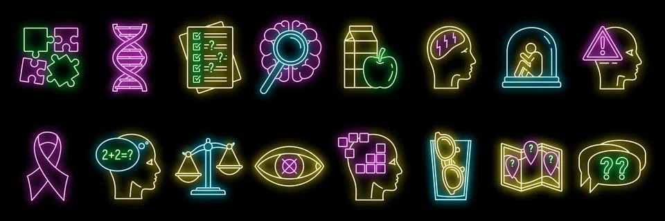 Neon icon set showing different aspects of psychology and mental health Stock Illustration