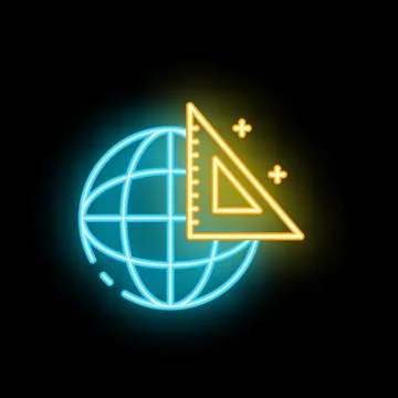 Neon icon of set square and planet earth representing global engineering Stock Illustration