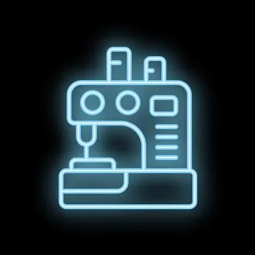 Neon icon of sewing machine glowing on dark background Illustrazione stock
