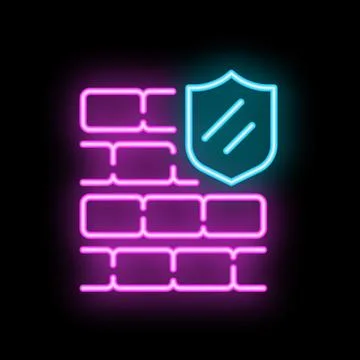 Neon icon of shield protecting brick wall on black background Ilustración de archivo